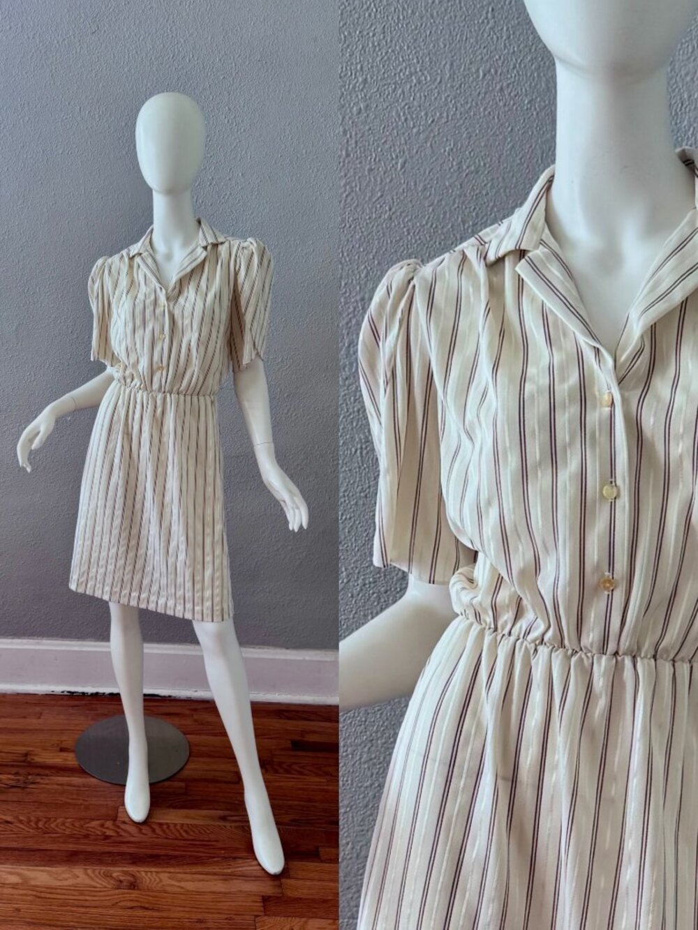 Vintage 80s Ivory Silky Semi Sheer Striped Secretary Dress M